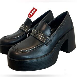 Design Concept Studio black studded platform chunky heel loafer shoes Sz 9 NWT